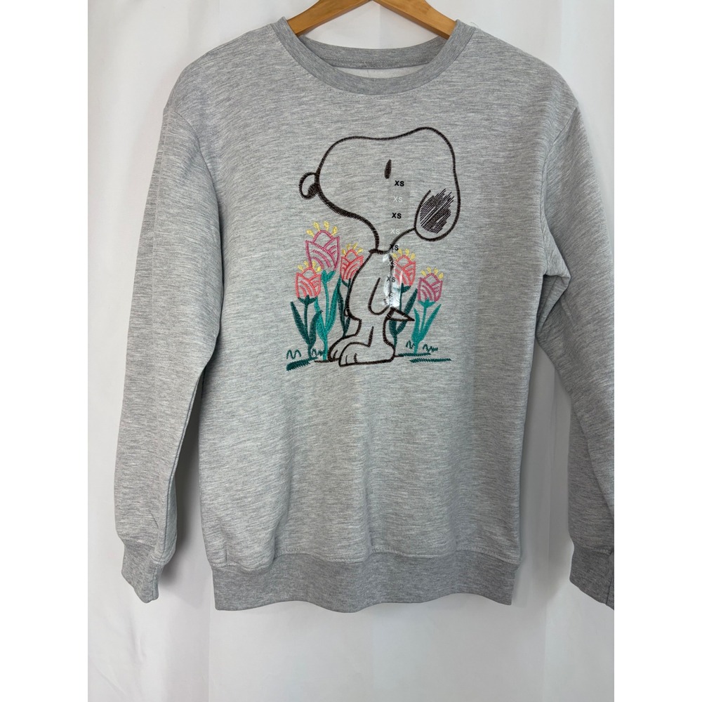 Peanuts Snoopy Embroidered Tulip Sweatshirt Heather Grey XS NWT